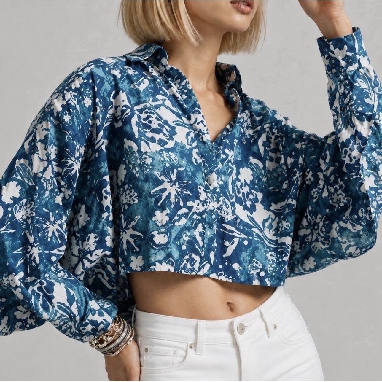 Anthropologie Pilcro Blouse Batwing Flowy Oversized Ruffle Trim Blue Size L Nwot